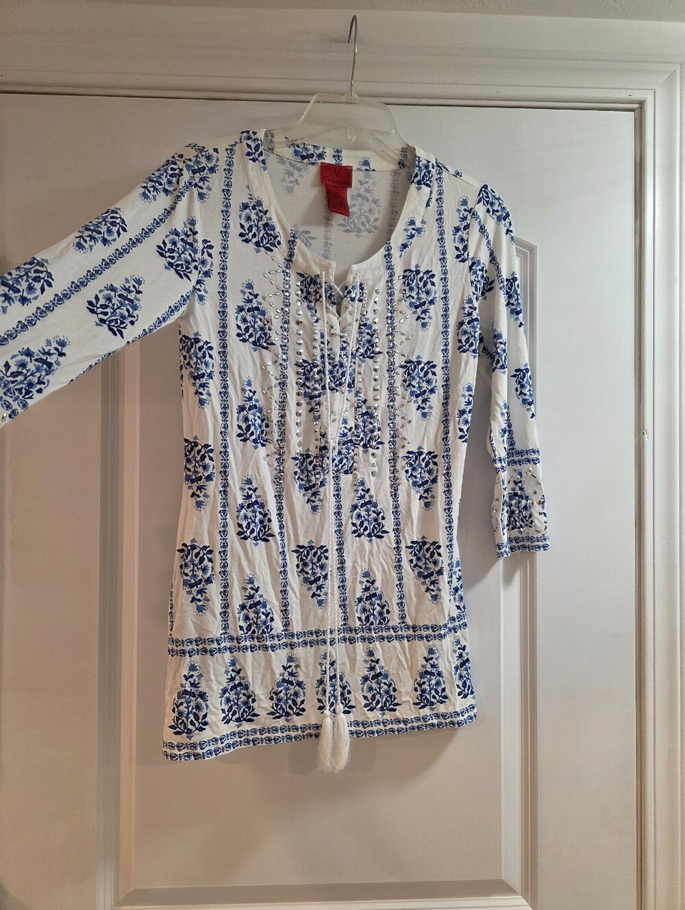 White and Blue Floral Tie-Front Women's Top